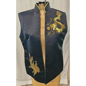 Vintage Black 100% Silk Dragon Gold Beaded Mandarin Collar Vest